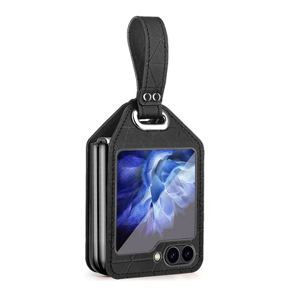For Samsung Galaxy Z Flip5 Electroplating PC Hybrid PU Leather Phone Case with Wristband(Black) - Galaxy Z Flip5 Cases by buy2fix | Online Shopping UK | buy2fix