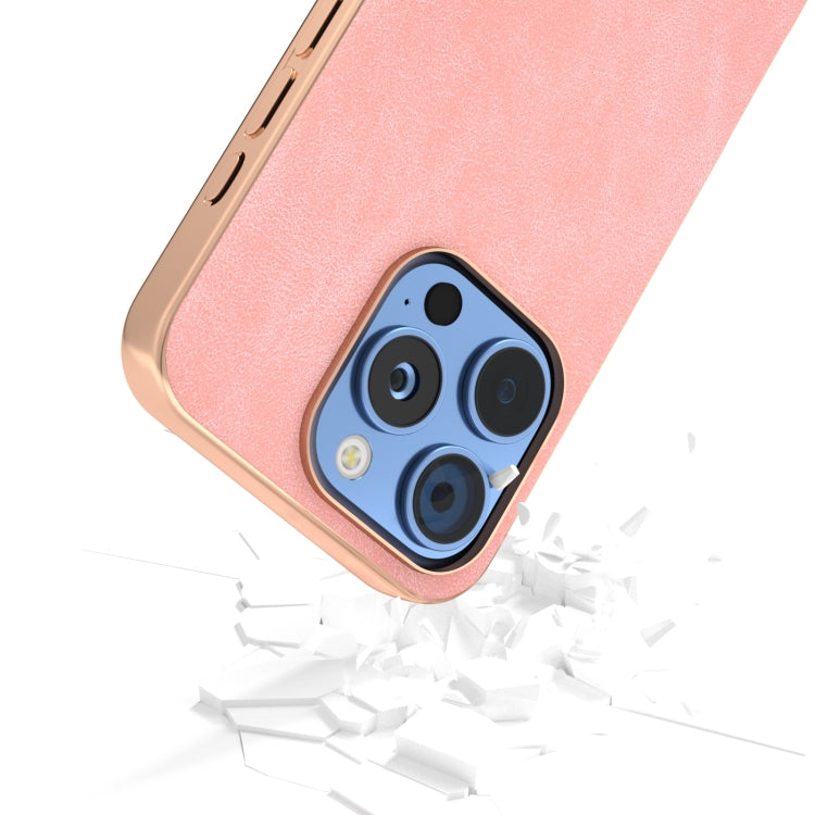For iPhone 16 Pro Max Electroplated Frame PU Leather Full Coverage Phone Case(Pink) by buy2fix