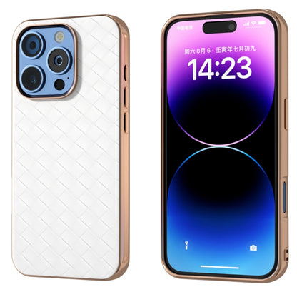 For iPhone 16 Pro Electroplated Frame Woven Texture PU Phone Case(White) by buy2fix
