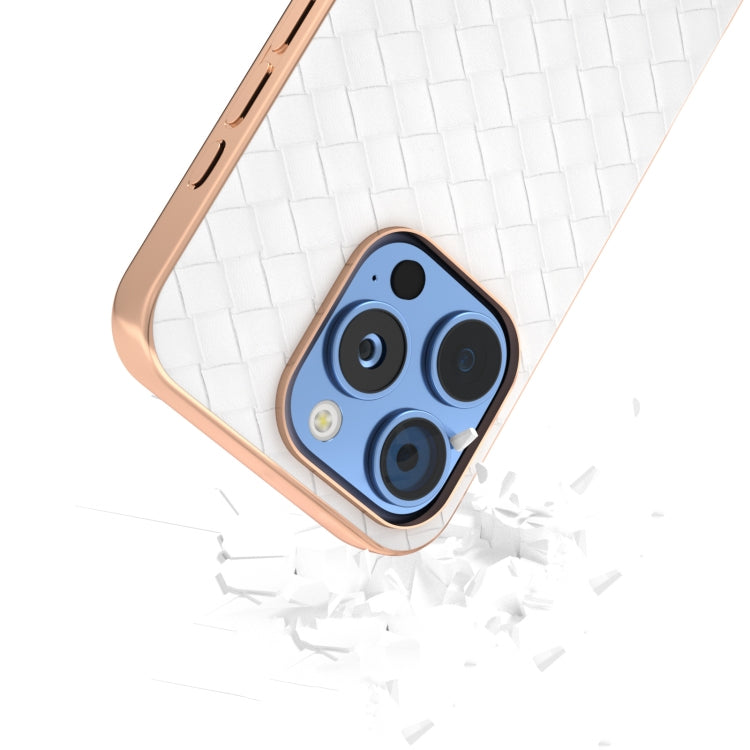 For iPhone 16 Pro Electroplated Frame Woven Texture PU Phone Case(White) by buy2fix