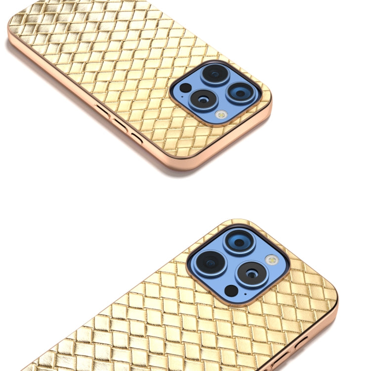 For iPhone 16 Pro Electroplated Frame Woven Texture PU Phone Case(Gold) by buy2fix