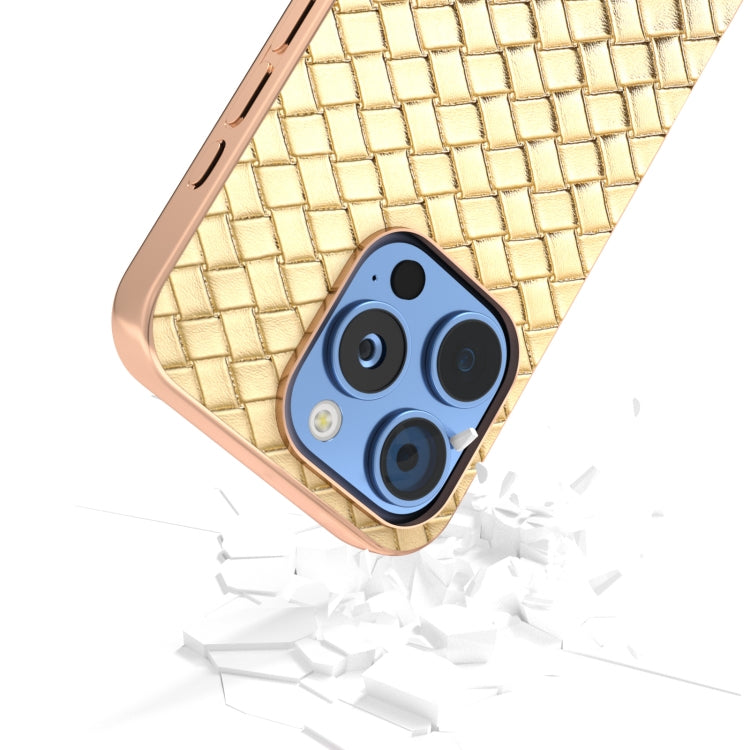 For iPhone 16 Pro Electroplated Frame Woven Texture PU Phone Case(Gold) by buy2fix