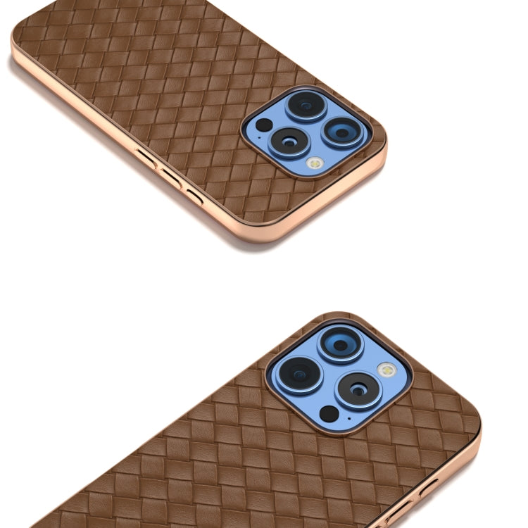 For iPhone 16 Pro Electroplated Frame Woven Texture PU Phone Case(Brown) by buy2fix