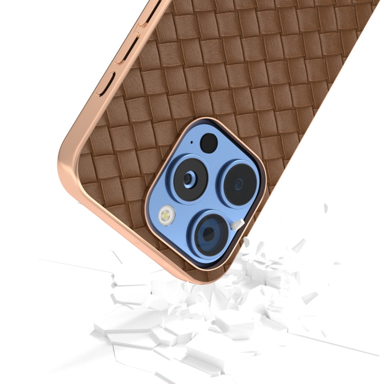 For iPhone 16 Pro Electroplated Frame Woven Texture PU Phone Case(Brown) by buy2fix