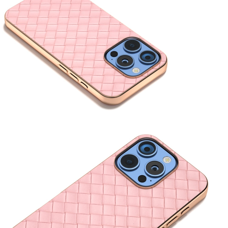 For iPhone 16 Pro Max Electroplated Frame Woven Texture PU Phone Case(Pink) by buy2fix