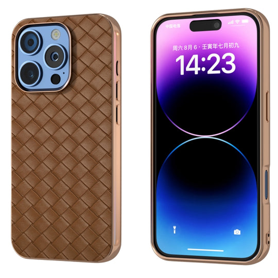 For iPhone 16 Pro Max Electroplated Frame Woven Texture PU Phone Case(Brown)