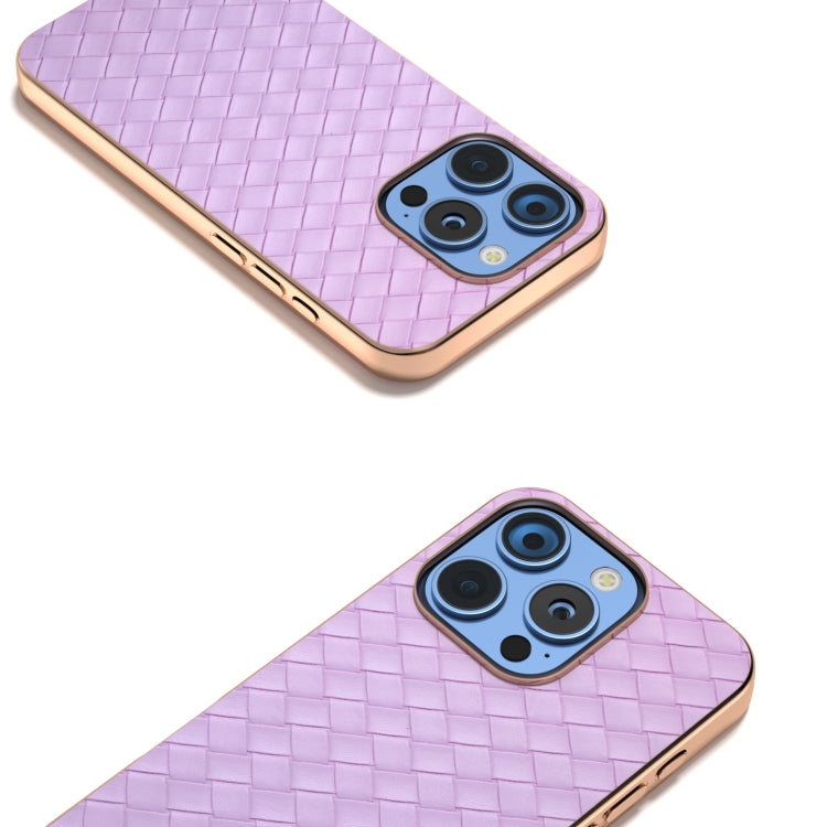 For iPhone 16 Pro Max Electroplated Frame Woven Texture PU Phone Case(Purple) by buy2fix