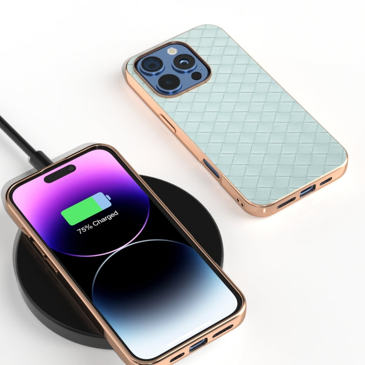 For iPhone 16 Pro Max Electroplated Frame Woven Texture PU Phone Case(Light Green) by buy2fix