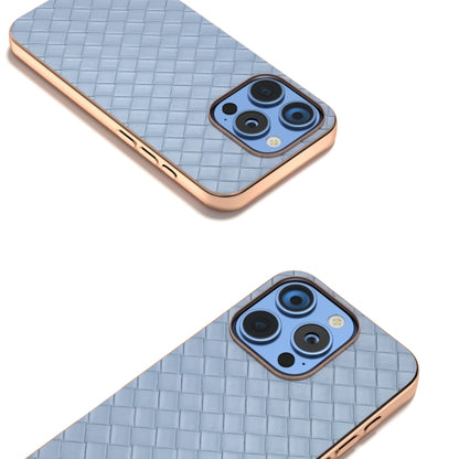 For iPhone 16 Pro Max Electroplated Frame Woven Texture PU Phone Case(Light Blue) by buy2fix