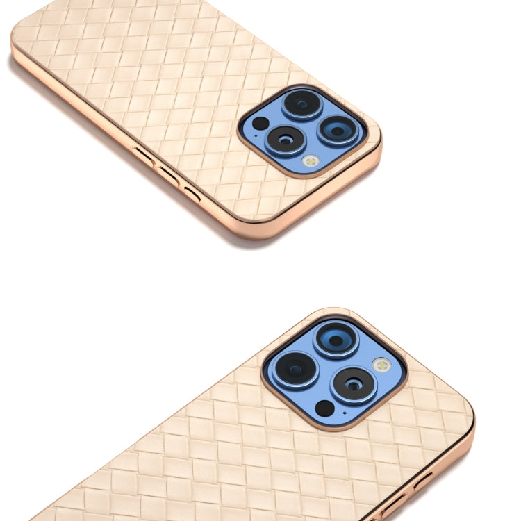 For iPhone 16 Pro Max Electroplated Frame Woven Texture PU Phone Case(Beige) by buy2fix