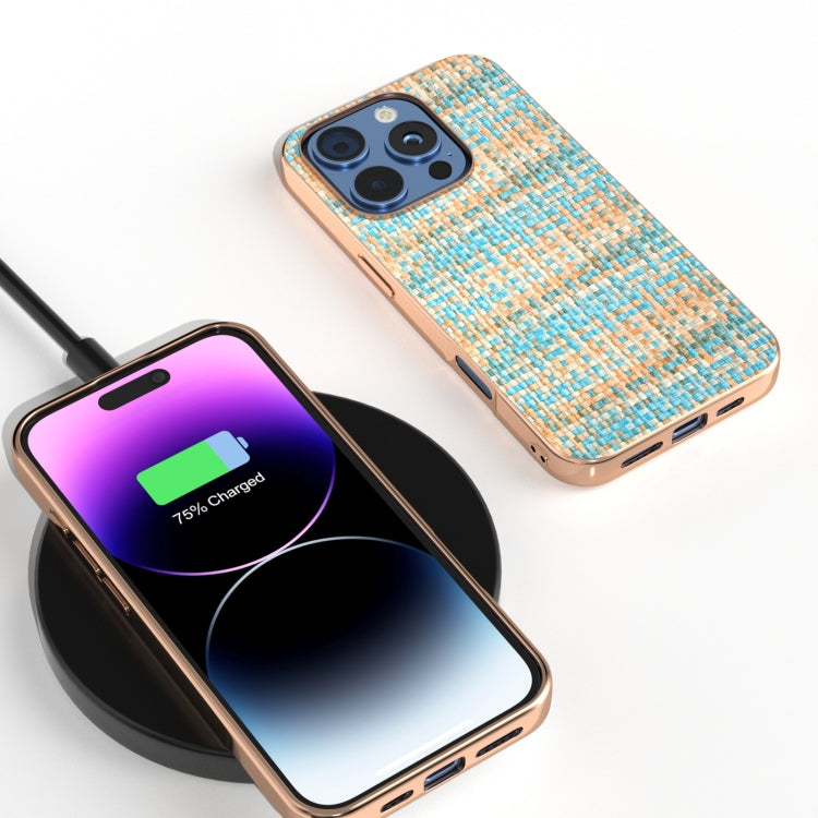 For iPhone 16 Pro Electroplated Frame Color Lattice Texture PU Phone Case(Blue) by buy2fix