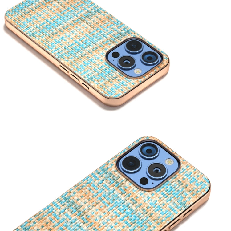 For iPhone 16 Pro Electroplated Frame Color Lattice Texture PU Phone Case(Blue) by buy2fix