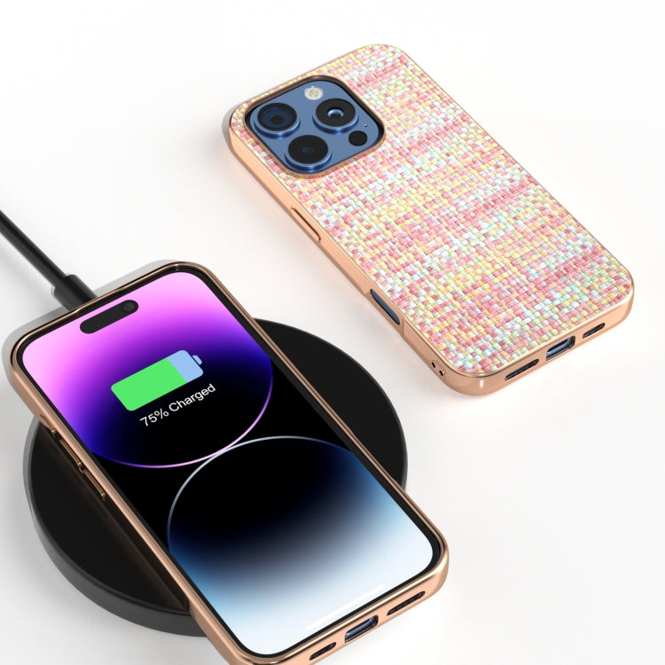 For iPhone 16 Pro Electroplated Frame Color Lattice Texture PU Phone Case(Pink) by buy2fix