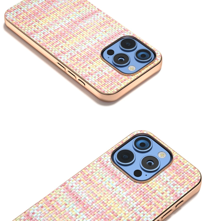 For iPhone 16 Pro Electroplated Frame Color Lattice Texture PU Phone Case(Pink) by buy2fix