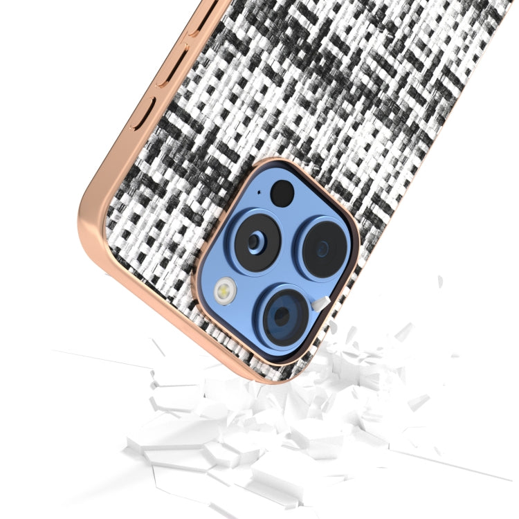 For iPhone 16 Pro Electroplated Frame Color Lattice Texture PU Phone Case(Black) by buy2fix