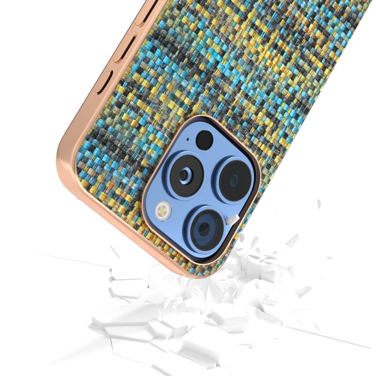 For iPhone 16 Pro Electroplated Frame Color Lattice Texture PU Phone Case(Gold) by buy2fix