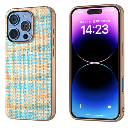 For iPhone 16 Pro Max Electroplated Frame Color Lattice Texture PU Phone Case(Blue) by buy2fix