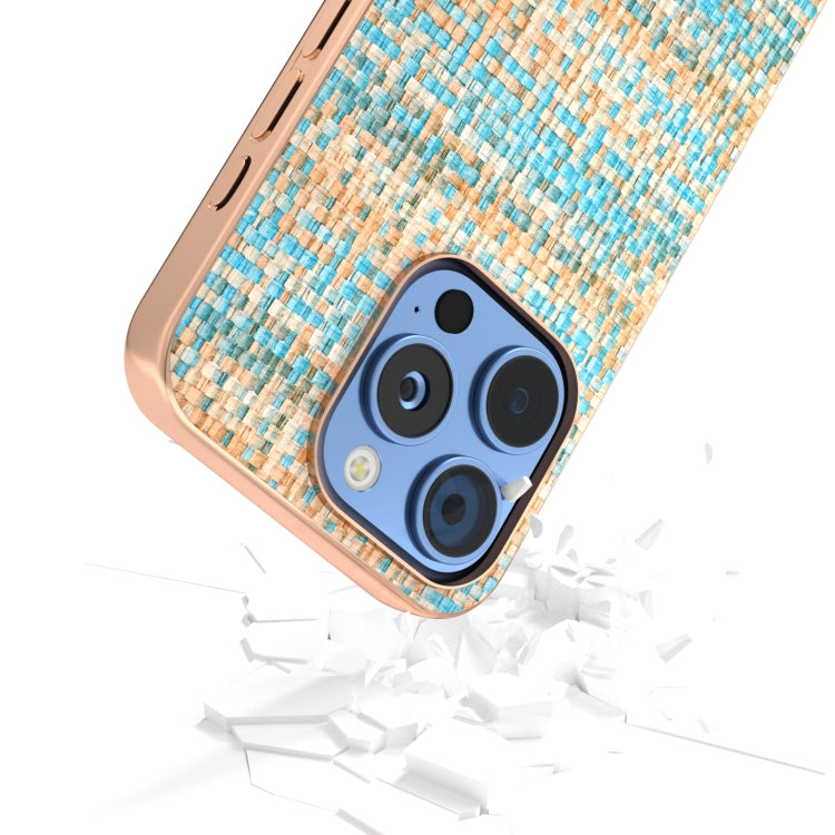 For iPhone 16 Pro Max Electroplated Frame Color Lattice Texture PU Phone Case(Blue) by buy2fix