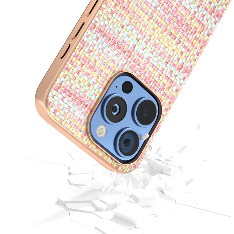 For iPhone 16 Pro Max Electroplated Frame Color Lattice Texture PU Phone Case(Pink) by buy2fix