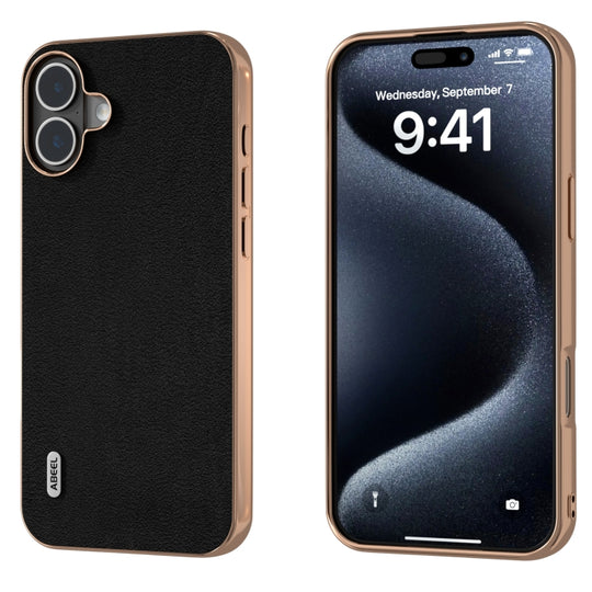 For iPhone 16 Plus ABEEL Electroplating Frame Genuine Leather Wave Phone Case(Black)