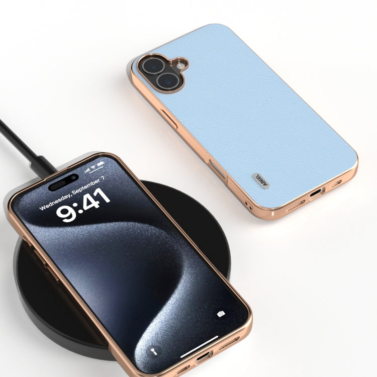 For iPhone 16 Plus ABEEL Electroplating Frame Genuine Leather Wave Phone Case(Blue) - iPhone 16 Plus Cases by buy2fix | Online Shopping UK | buy2fix
