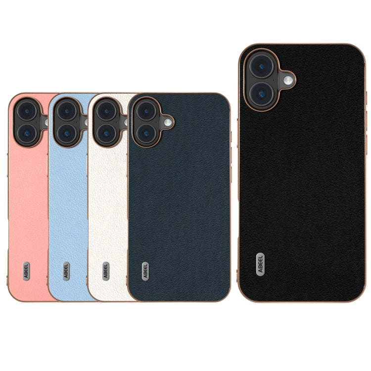 For iPhone 16 Plus ABEEL Electroplating Frame Genuine Leather Wave Phone Case(Blue) - iPhone 16 Plus Cases by buy2fix | Online Shopping UK | buy2fix