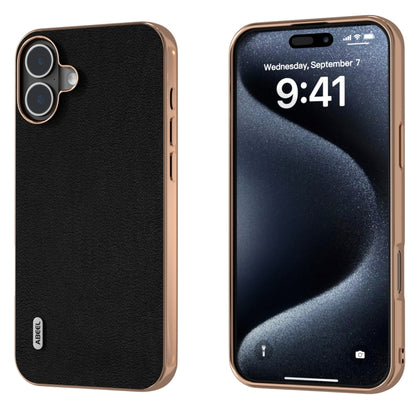 For iPhone 16 ABEEL Electroplating Frame Genuine Leather Wave Phone Case(Black) - iPhone 16 Cases by buy2fix | Online Shopping UK | buy2fix
