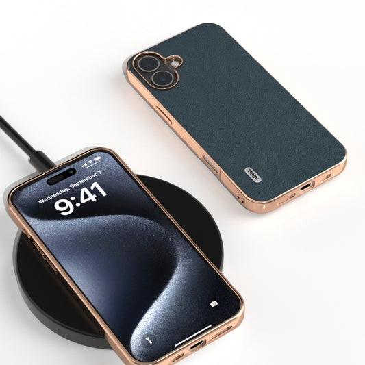 For iPhone 16 ABEEL Electroplated Frame Genuine Leather Wave Phone Case(Green) - iPhone 16 Cases by buy2fix | Online Shopping UK | buy2fix