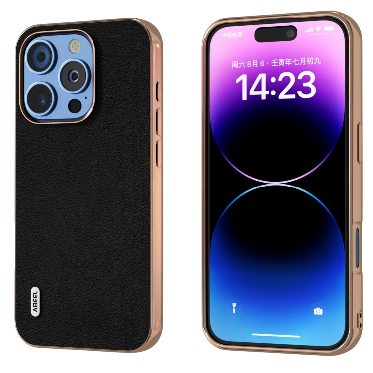 For iPhone 16 Pro ABEEL Electroplating Frame Genuine Leather Wave Phone Case(Black) - iPhone 16 Pro Cases by buy2fix | Online Shopping UK | buy2fix