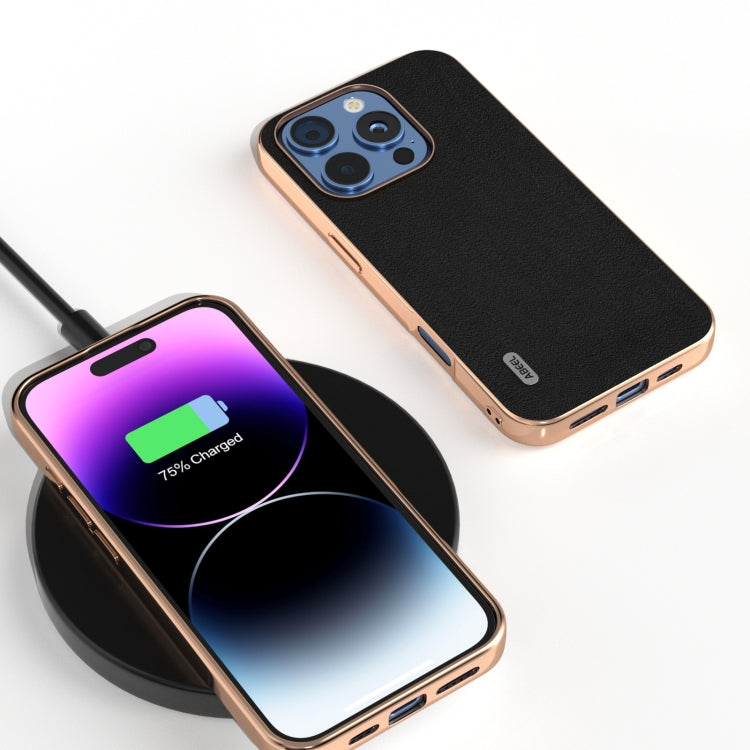 For iPhone 16 Pro ABEEL Electroplating Frame Genuine Leather Wave Phone Case(Black) - iPhone 16 Pro Cases by buy2fix | Online Shopping UK | buy2fix