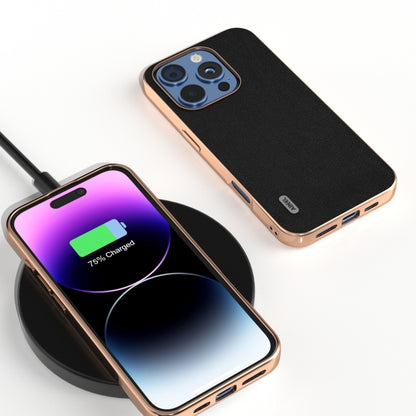 For iPhone 16 Pro ABEEL Electroplating Frame Genuine Leather Wave Phone Case(Black) - iPhone 16 Pro Cases by buy2fix | Online Shopping UK | buy2fix