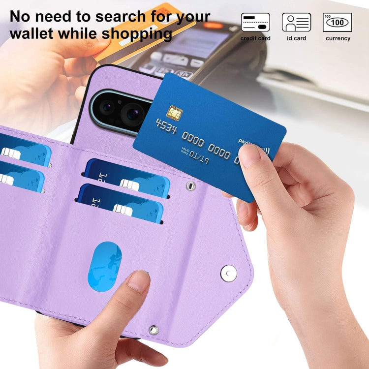 For Google Pixel 9 Pro XL Rhombic Texture Card Bag RFID Phone Case with Long Lanyard(Light Purple) by buy2fix