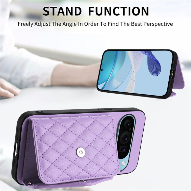 For Google Pixel 9 Pro XL Rhombic Texture Card Bag RFID Phone Case with Long Lanyard(Light Purple) by buy2fix