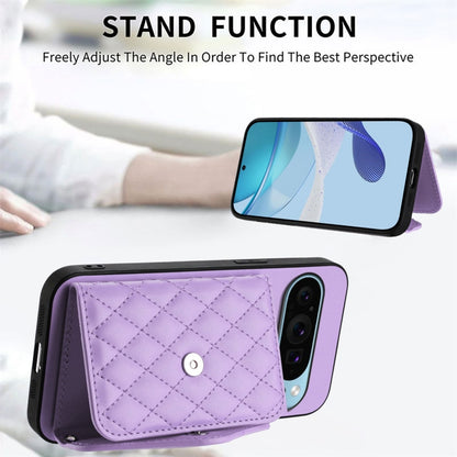 For Google Pixel 9 Pro XL Rhombic Texture Card Bag RFID Phone Case with Long Lanyard(Light Purple) by buy2fix