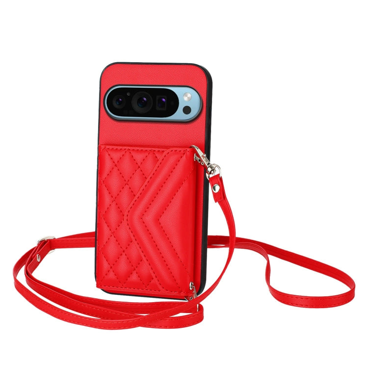 For Google Pixel 9 Pro XL Rhombic Texture Card Bag RFID Phone Case with Long Lanyard(Red) by buy2fix