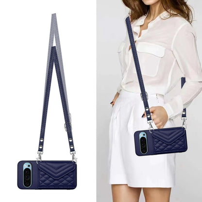 For Google Pixel 9 / 9 Pro Rhombic Texture Card Bag RFID Phone Case with Long Lanyard(Blue) by buy2fix