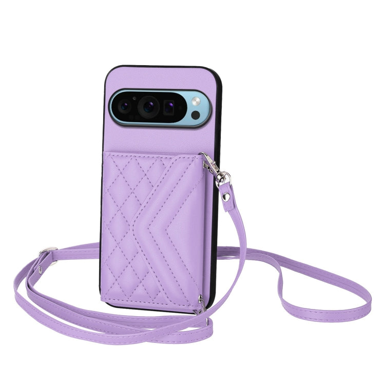 For Google Pixel 9 / 9 Pro Rhombic Texture Card Bag RFID Phone Case with Long Lanyard(Light Purple) by buy2fix