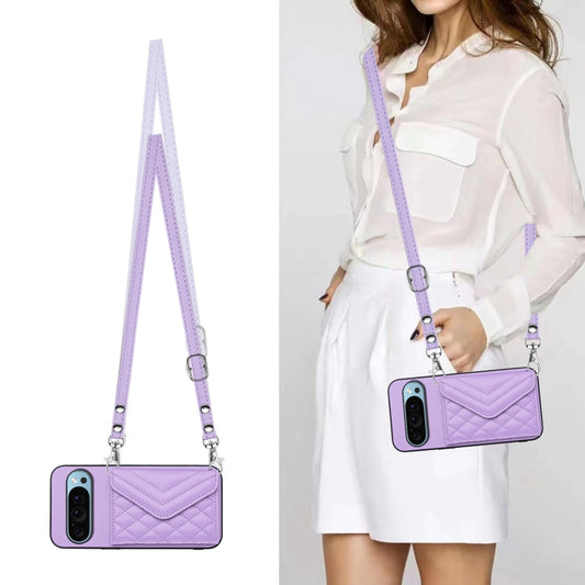For Google Pixel 9 / 9 Pro Rhombic Texture Card Bag RFID Phone Case with Long Lanyard(Light Purple) by buy2fix