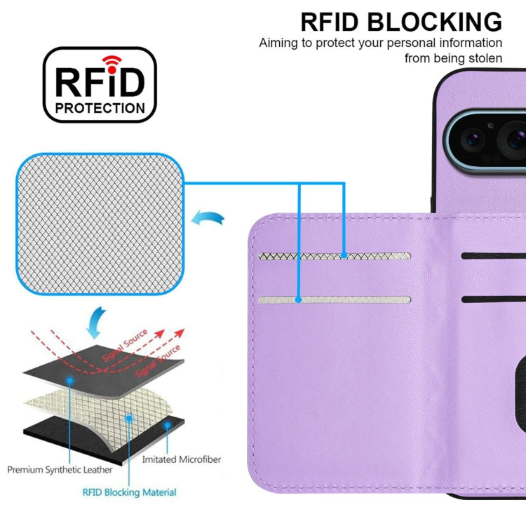 For Google Pixel 9 / 9 Pro Rhombic Texture Card Bag RFID Phone Case with Long Lanyard(Light Purple) by buy2fix