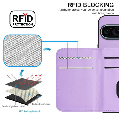 For Google Pixel 9 / 9 Pro Rhombic Texture Card Bag RFID Phone Case with Long Lanyard(Light Purple) by buy2fix