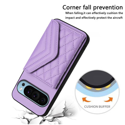 For Google Pixel 9 / 9 Pro Rhombic Texture Card Bag RFID Phone Case with Long Lanyard(Light Purple) by buy2fix