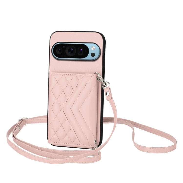 For Google Pixel 9 / 9 Pro Rhombic Texture Card Bag RFID Phone Case with Long Lanyard(Rose Gold) by buy2fix