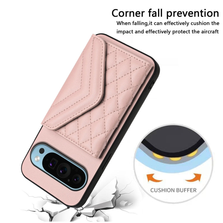 For Google Pixel 9 / 9 Pro Rhombic Texture Card Bag RFID Phone Case with Long Lanyard(Rose Gold) by buy2fix