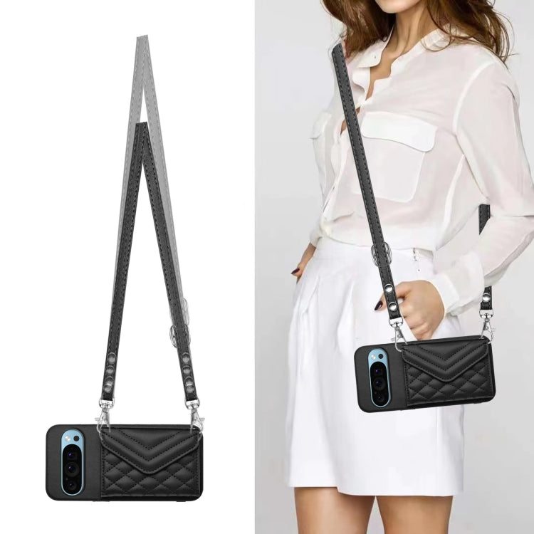 For Google Pixel 9 / 9 Pro Rhombic Texture Card Bag RFID Phone Case with Long Lanyard(Black) by buy2fix