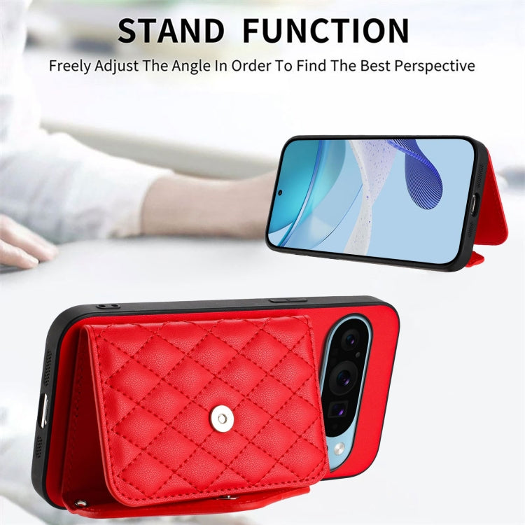 For Google Pixel 9 / 9 Pro Rhombic Texture Card Bag RFID Phone Case with Long Lanyard(Red) by buy2fix