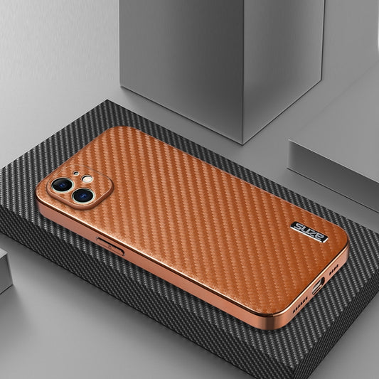 For iPhone 11 AZNS Electroplated Edge Carbon Fiber Texture Phone Case(Brown) - iPhone 11 Cases by AZNS | Online Shopping UK | buy2fix