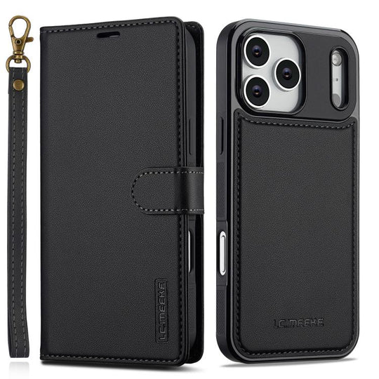 For iPhone 17 Pro Max LC.IMEEKE L2 Series Detachable Magsafe PU Phone Case with Lanyard(Black)