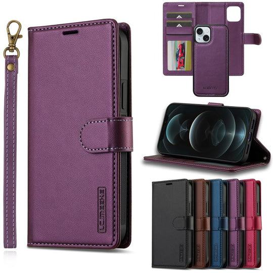 For iPhone 15 LC.IMEEKE L2 Series Detachable Magsafe PU Phone Case with Lanyard(Purple)