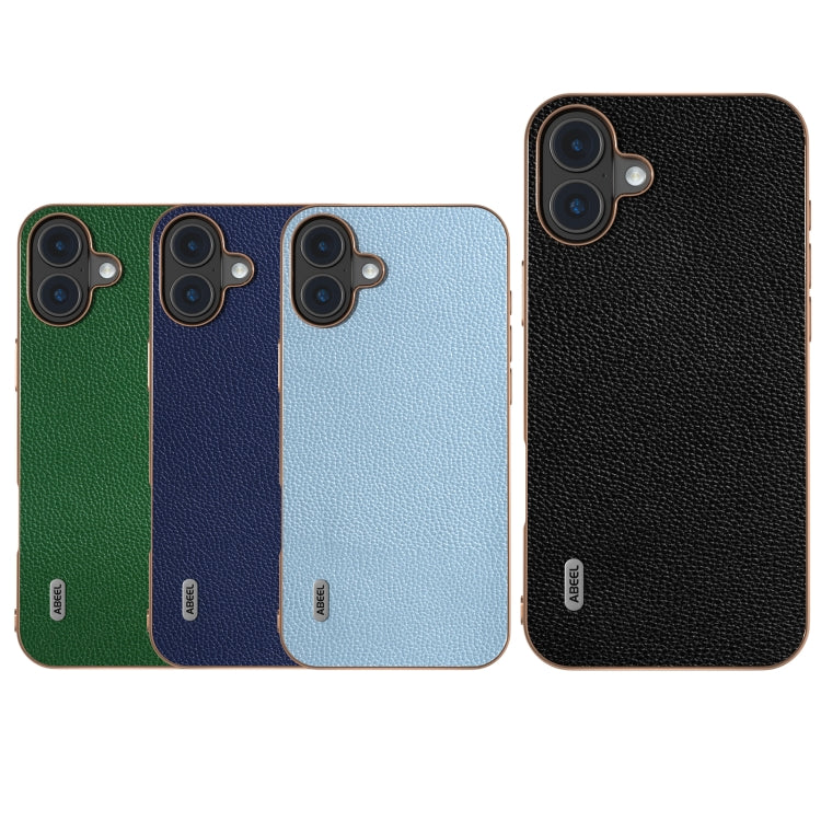 For iPhone 16 ABEEL Genuine Leather Mino Series Nano Plating Phone Case(Blue) by buy2fix