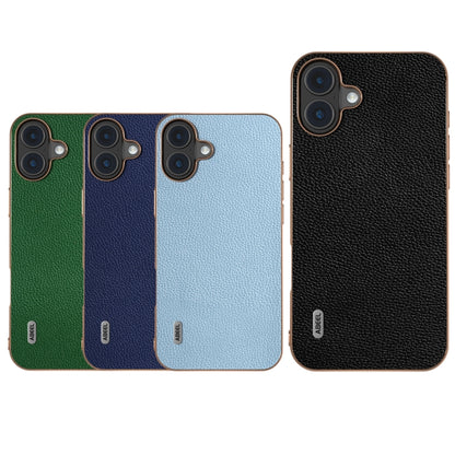 For iPhone 16 ABEEL Genuine Leather Mino Series Nano Plating Phone Case(Blue) by buy2fix